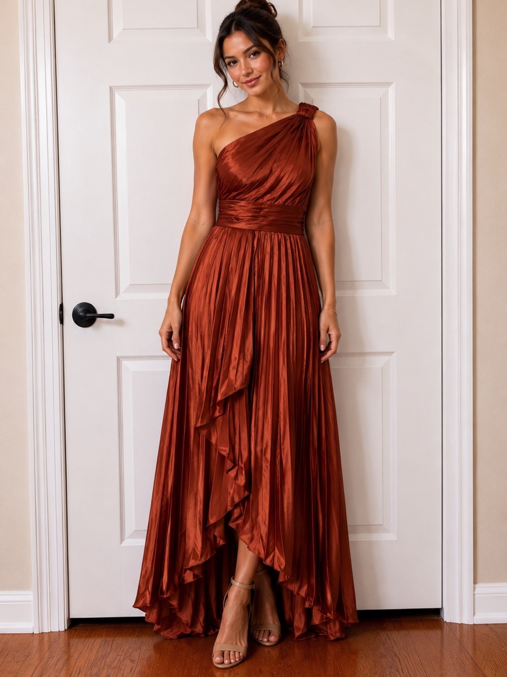 One-Shoulder Copper Evening Dress